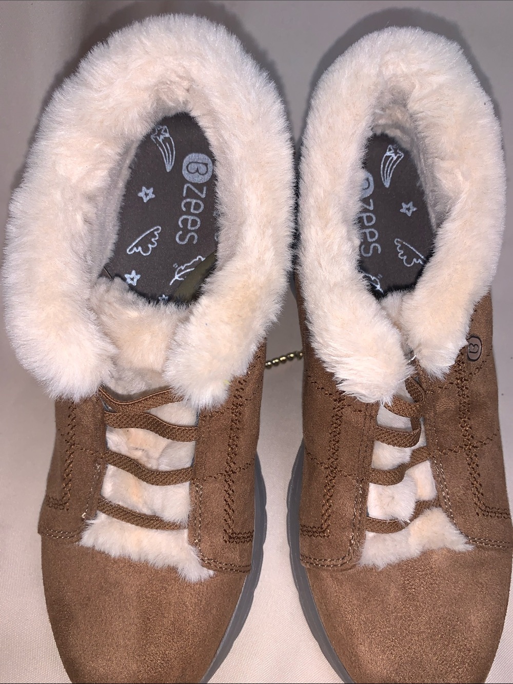 Bzees Brown Suede-Look Slip-Ons with Cream Faux Fur Trim